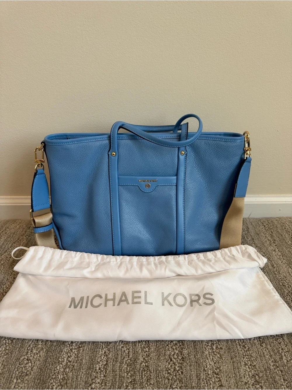 Michael Kors Sky Blue Pebble Leather Tote with Tan Strap